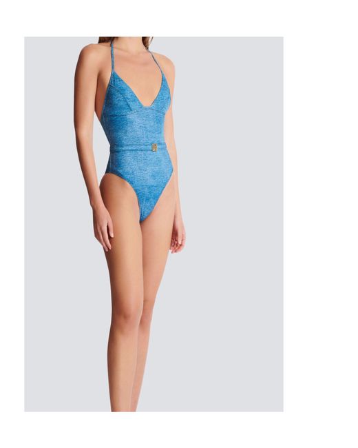 Balmain Blue Belted One-Piece Swimsuit