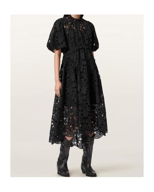 AllSaints Black Odette Broderie-Anglaise Puff-Sleeve Midi Dress