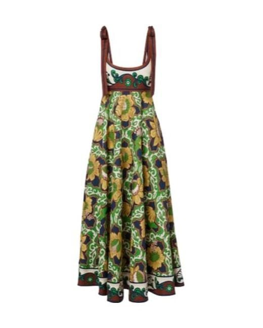 ALÉMAIS Green Liana Ballet Printed Linen Midi Dress