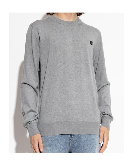 Balmain Gray Logo Crew Neck Knitted Sweater for men