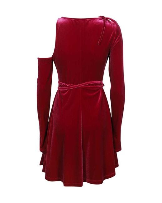 Versace Jeans Red Couture Cut-Out Long-Sleeved Velvet Dress