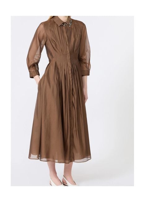 Max Mara Brown Crystal-Embellished Pleated Midi Dress
