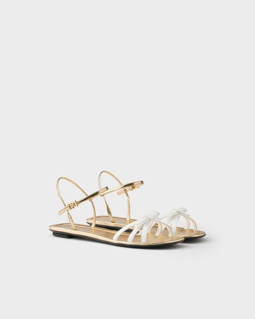 Prada White Flat Patent And Metallic Leather Sandals