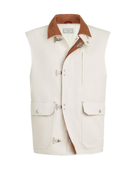 Brunello Cucinelli White Cotton And Linen Canvas Vest With Suede Inserts And Hook Fastening for men