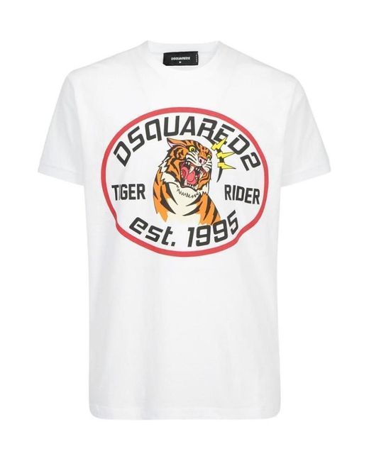 DSquared² White Tiger Rider Printed T-Shirt for men