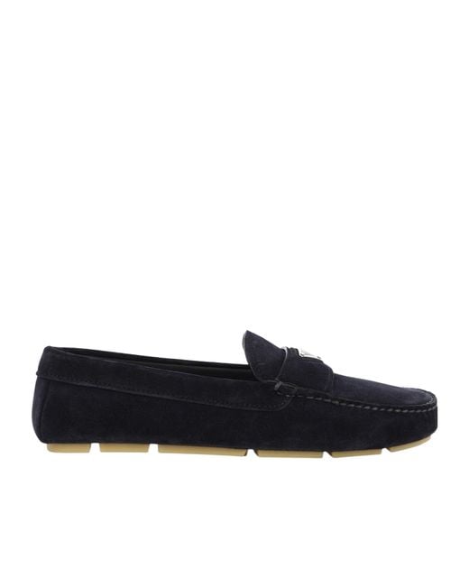 Prada Blue Enamel-Triangle-Logo Suede Loafers for men