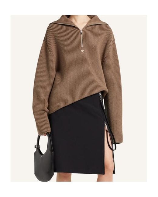 Courreges Brown Half-Zip Ribbed-Knit Sweater