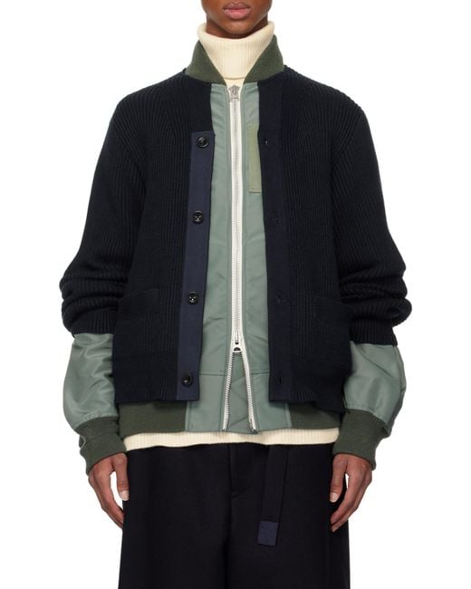 Sacai Black Layered Effect Zip-Up Knitted Jacket for men