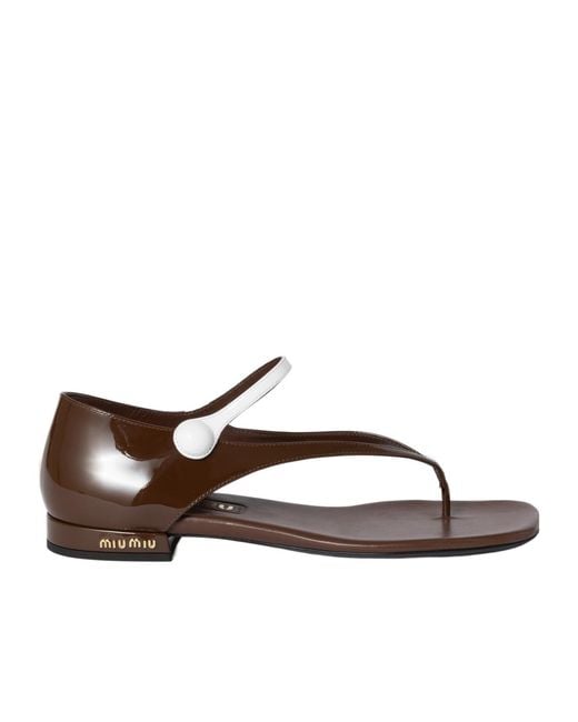 Miu Miu Brown Two-Tone Patent Leather Mary Jane Thong Sandals