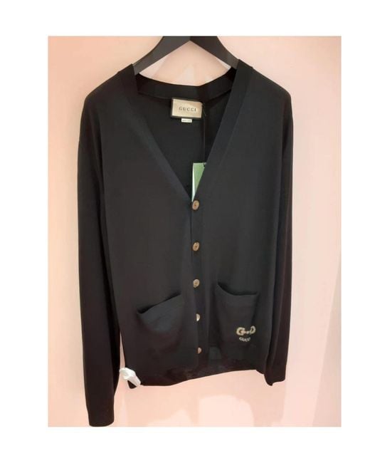 Gucci Black Logo Embroidered V-Neck Cardigan for men