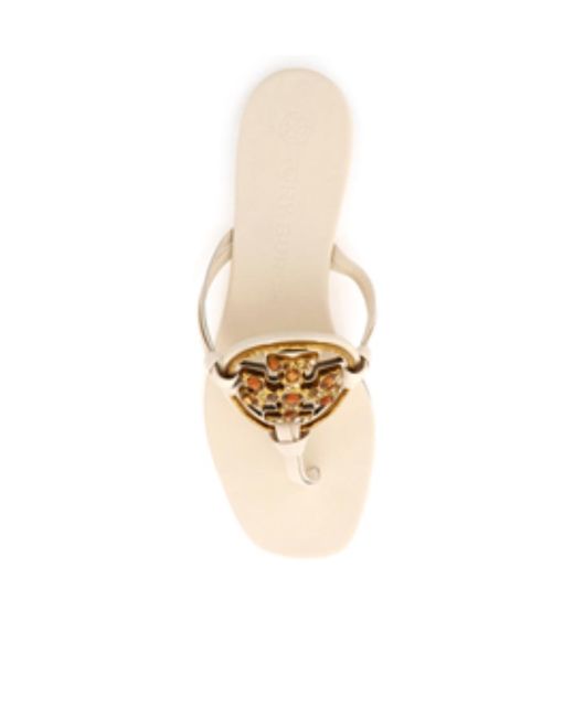 Tory Burch Natural Logo-Plaque Flat Sandals