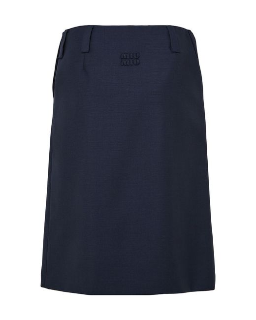 Miu Miu Blue Logo Embroidered Midi Skirt
