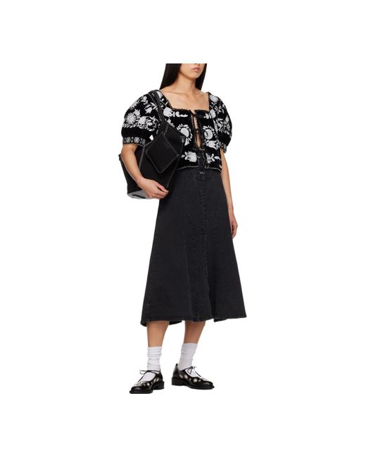 Sea Black Patchwork Denim Mid-Length Skirt