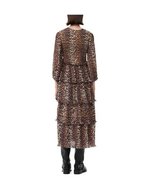 Ganni Brown Leopard Printed Pleated U-Neck Midi Dress