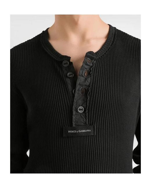 Dolce & Gabbana Black Ribbed Henley Knitted Sweater for men