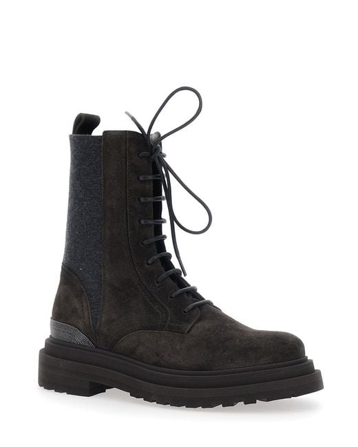 Brunello Cucinelli Black Lace-Up Combat Boots