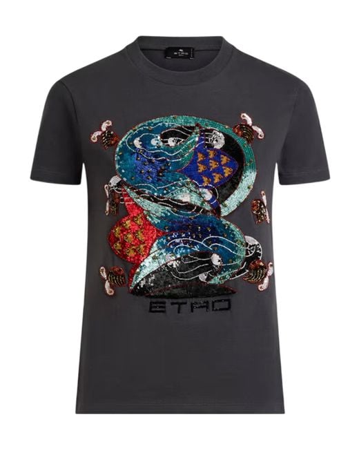 Etro Black Cotton T-Shirt With Sequin Embroidery