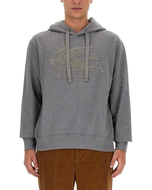 Etro Gray Logo Printed Drawstring Hoodie for men