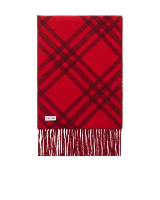 Burberry Red Checked Fringed-Edge Scarf
