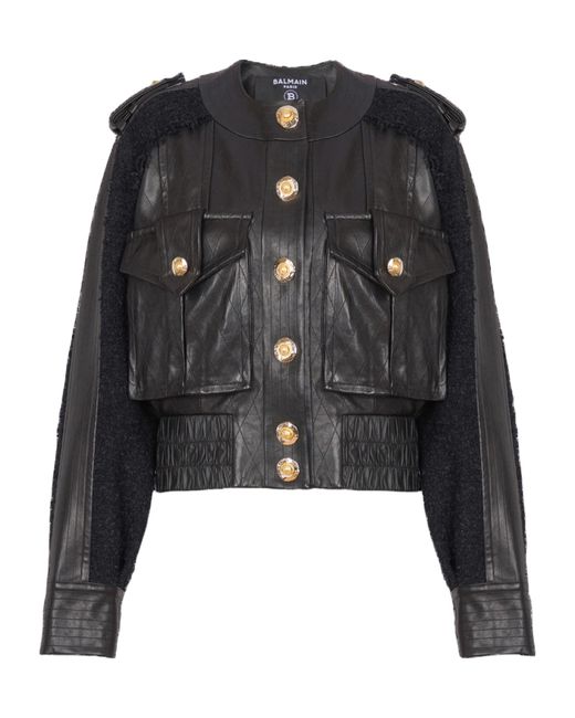 Balmain Black Tweed-Trim Leather Jacket