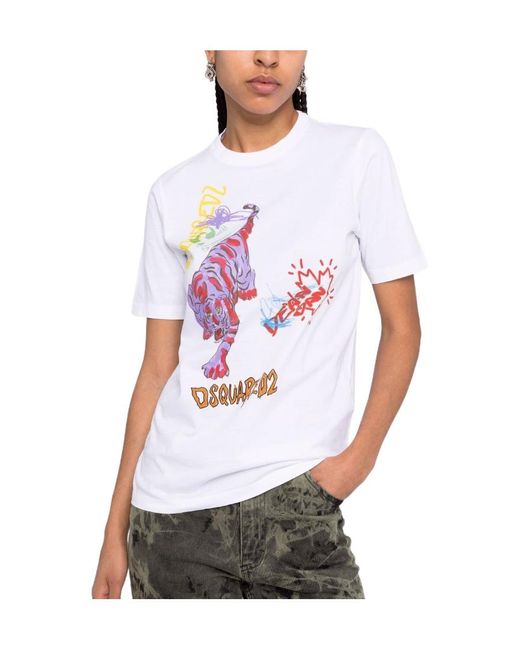 DSquared² White Graphic-Print Cotton T-Shirt