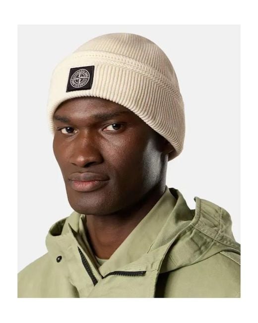 Stone Island Natural Logo-Patch Ribbed-Knit Beanie Hat for men