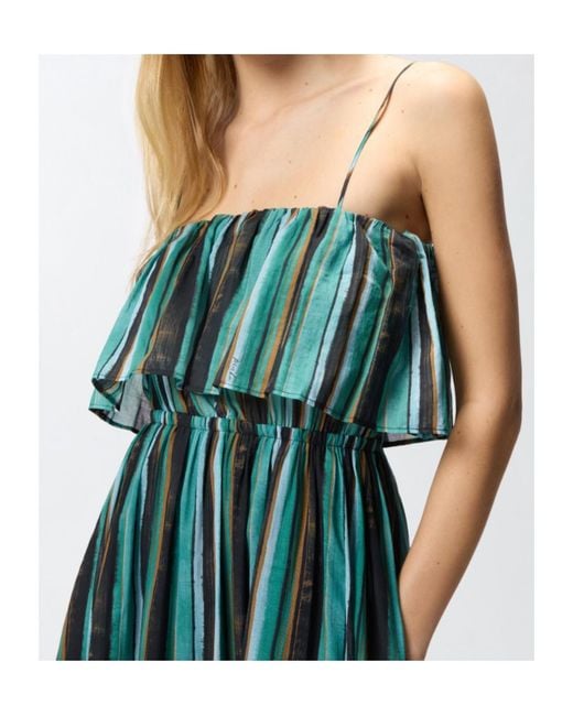 Pinko Green Brushed Striped Printed Long Muslin Dress