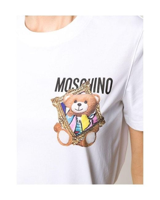 Moschino White Floral-Print Teddy Bear Embroidered T-Shirt