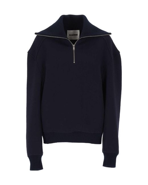 Jil Sander Blue Half-Zip Funnel-Neck Sweater