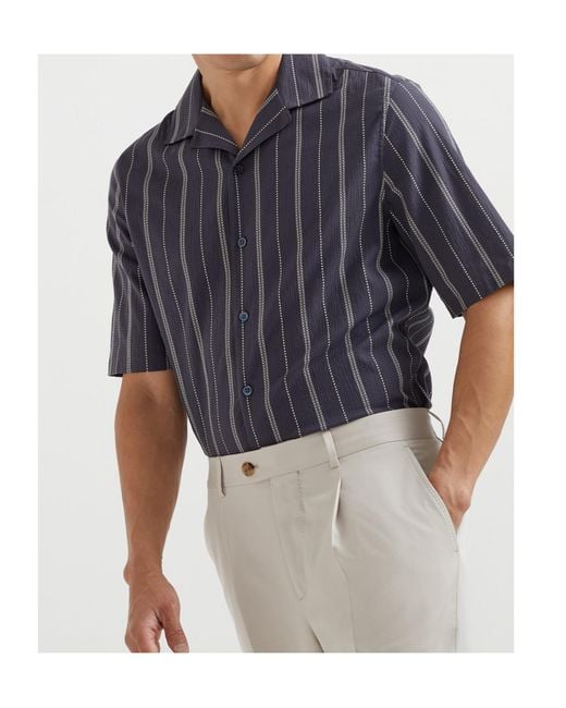 Brunello Cucinelli Blue Striped Short-Sleeved Shirt for men