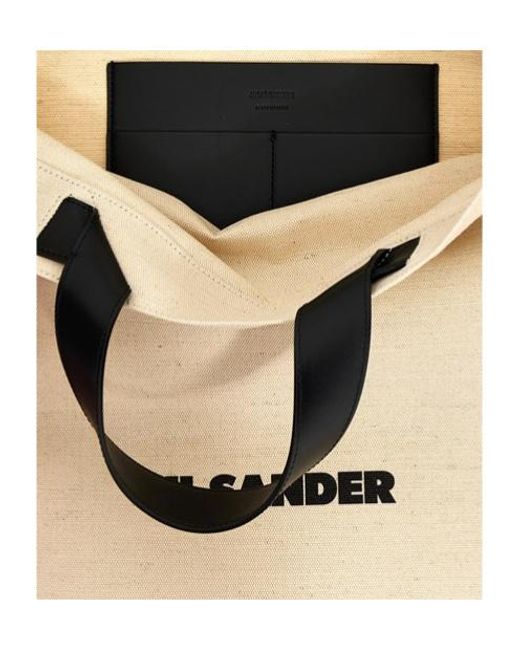 Jil Sander Natural Logo Printed Border Book Tote Square Shopping Bag