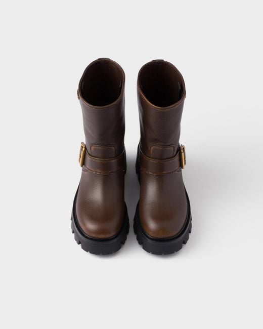 Prada Brown Logo Plaque Buckled Boots