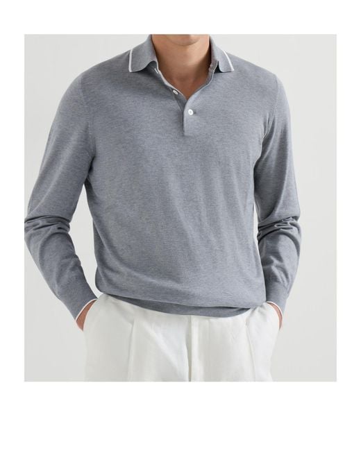 Brunello Cucinelli Gray Long-Sleeve Button-Fastening Polo Shirt for men