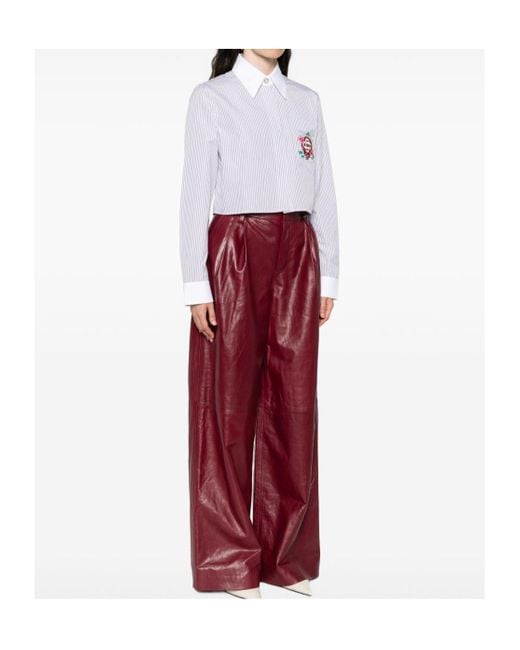 Casablanca White Cropped Long-Sleeved Striped Shirt With Floral Embroidery