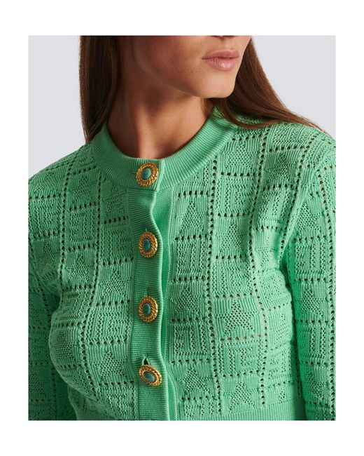 Balmain Green Buttonned Monogram Mesh Knit Cardigan