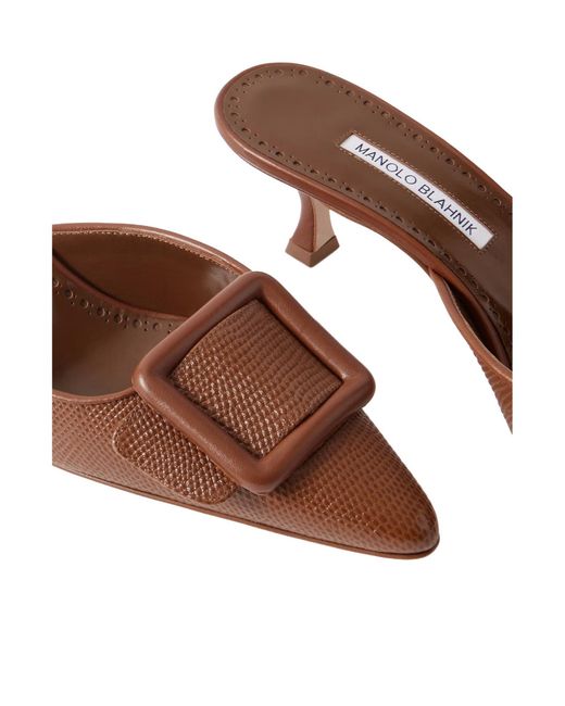 Manolo Blahnik Brown Lizard-Effect Leather Mules