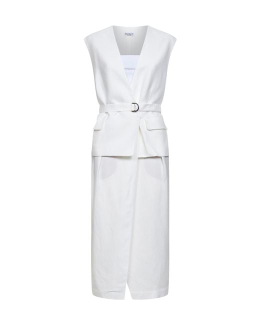 Brunello Cucinelli White Ivory Viscose And Linen Fluid Twill Midi Dress