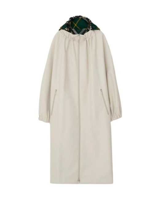 Burberry White Checked-Hood Zipped Gabardine Parka