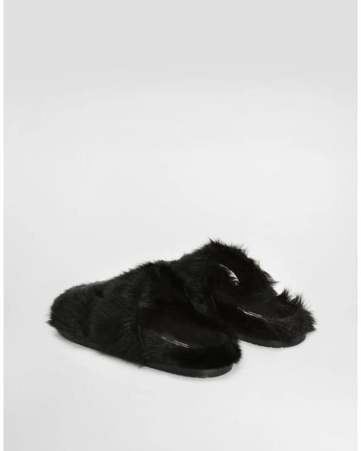 Dolce & Gabbana Black Furry Cross-Strap Slides for men