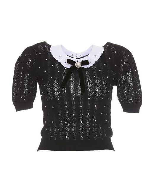 Alessandra Rich Black Contrast-Collar Crystal-Embellished Knitted Top