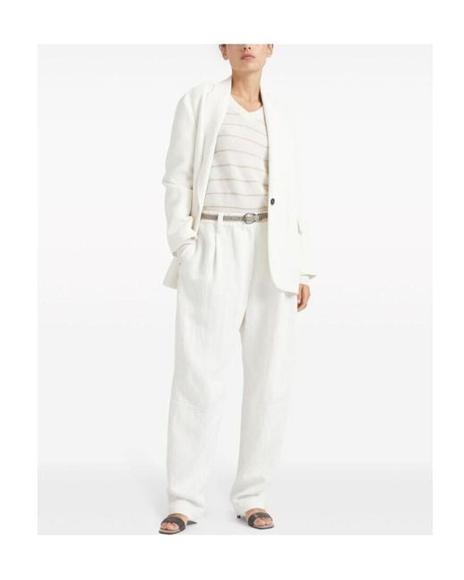 Brunello Cucinelli White Pintuck Detailed Straight Leg Trousers