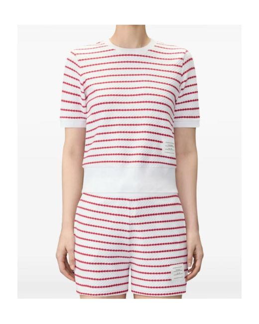 Thom Browne White Striped Honeycomb-Rib T-Shirt
