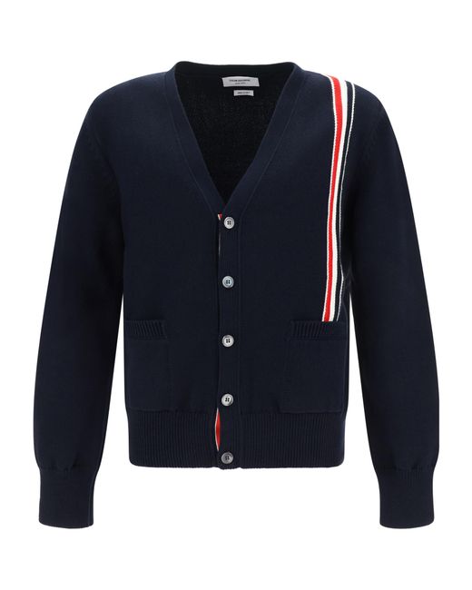 Thom Browne Blue Rwb Striped V-Neck Knitted Cardigan for men