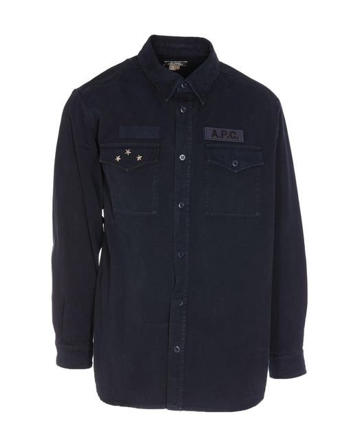 A.P.C. Blue Logo-Patch Buttoned Shirt Jacket for men