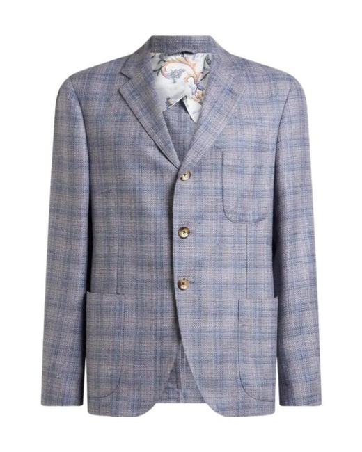 Etro Blue Checked Single-Breasted Blazer for men