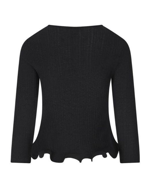 Fendi Black V-Neck Ruffled-Hem Ribbed Top