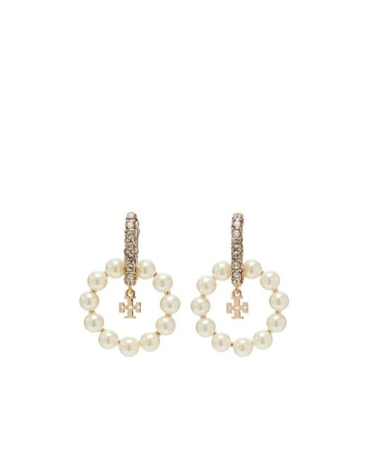 Tory Burch White Moondance Embellished Hoop Earrings