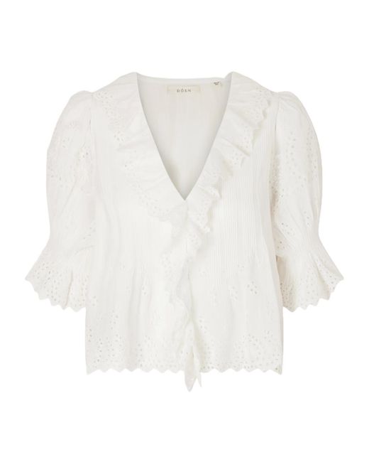 Doen White Ruffled Pintucked Broderie Anglaise Cotton Top