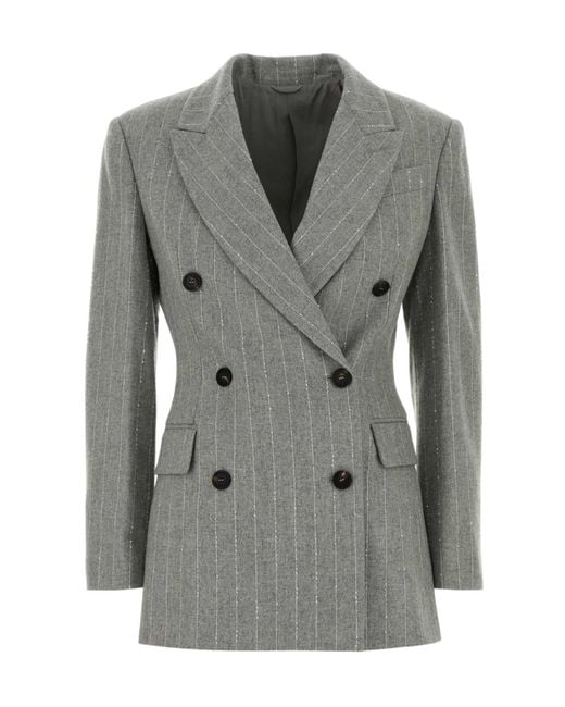 Brunello Cucinelli Gray Double-Breasted Pinstriped Blazer