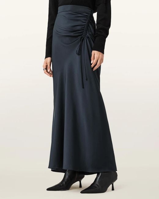 AllSaints Blue Alexia Ruched Maxi Skirt